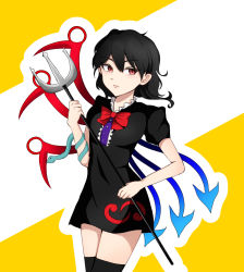 Rule 34 | 1girl, absurdres, asymmetrical wings, black dress, black hair, blue wings, blush, bow, bowtie, breasts, buttons, center frills, commentary, cowboy shot, dress, expressionless, frilled dress, frills, garnet bluemoon, hair between eyes, highres, holding, holding polearm, holding weapon, houjuu nue, looking at viewer, parted lips, polearm, red bow, red bowtie, red eyes, red wings, short dress, short hair, short sleeves, small breasts, snake, solo, thighhighs, tomoe (symbol), touhou, trident, two-tone background, weapon, white background, wings, yellow background