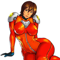 Rule 34 | 1girl, armor, bodysuit, brown eyes, brown hair, closed mouth, covered erect nipples, covered navel, hair between eyes, impossible clothes, looking at viewer, lowres, original, pauldrons, shoulder armor, simple background, sitting, skin tight, solo, takasugi kou, turtleneck, white background, zipper