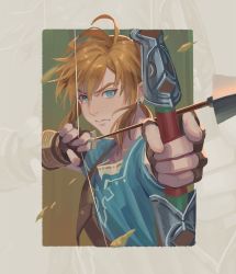 Rule 34 | 1boy, arrow (projectile), blonde hair, blue eyes, blue tunic, border, bow (weapon), earrings, fighting stance, fingerless gloves, gloves, hair between eyes, highres, ho fan, holding, holding bow (weapon), holding weapon, jewelry, link, male focus, medium hair, nintendo, shirt, shoulder strap, sidelocks, solo, teeth, the legend of zelda, the legend of zelda: breath of the wild, upper teeth only, weapon, white shirt