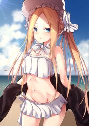 Rule 34 | 1girl, abigail williams (fate), abigail williams (swimsuit foreigner) (fate), abigail williams (swimsuit foreigner) (third ascension) (fate), bare shoulders, bikini, black jacket, blonde hair, blue eyes, blurry, blurry background, bonnet, bow, commentary request, cowboy shot, day, depth of field, fate/grand order, fate (series), forehead, groin, hair bow, highres, horizon, jacket, kashiwagi yamine, long hair, looking at viewer, navel, ocean, outdoors, parted bangs, parted lips, smile, solo, strapless, strapless bikini, striped, striped bow, swimsuit, twintails, very long hair, water, white bikini, white bow, white headwear