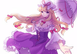 Rule 34 | 1girl, akagi kurage, backlighting, bare shoulders, blonde hair, bow, breasts, choker, cleavage, corset, dress, floating hair, foreshortening, frilled dress, frills, from side, hair bow, hat, hat ribbon, holding, holding umbrella, jpeg artifacts, light particles, long hair, long sleeves, looking at viewer, medium breasts, mob cap, off-shoulder dress, off shoulder, open hand, outstretched arm, pov, purple dress, purple eyes, ribbon, ribbon trim, sidelocks, simple background, smile, solo, touhou, umbrella, very long hair, white background, wide sleeves, wind, yakumo yukari