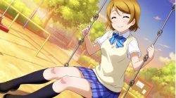 Rule 34 | 1girl, artist name, artist request, bare legs, black legwear, blue bow, blue skirt, blush, bow, bowtie, breasts, brown footwear, brown hair, checkered clothes, checkered skirt, closed eyes, collared shirt, female focus, full body, hair between eyes, koizumi hanayo, love live!, love live! school idol festival, love live! school idol festival all stars, love live! school idol project, miniskirt, otonokizaka school uniform, parted lips, pleated skirt, purple eyes, school uniform, shirt, shoes, short hair, skirt, small breasts, smile, solo, striped, striped bow, vest, white shirt, yellow vest