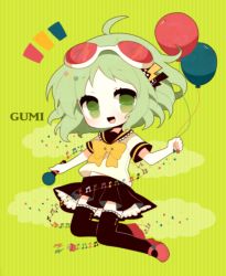 Rule 34 | 1girl, ^^^, ahoge, bad id, bad pixiv id, balloon, black thighhighs, bow, bowtie, cable, character name, electric plug, goggles, goggles on head, green background, green eyes, green hair, gumi, haru (kyou), holding, lightning bolt symbol, looking at viewer, matching hair/eyes, microphone, musical note, open mouth, red-tinted eyewear, red footwear, school uniform, serafuku, shoes, short hair, skirt, smile, solo, striped, striped background, thighhighs, tinted eyewear, vocaloid, zettai ryouiki