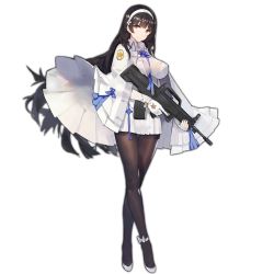 Rule 34 | 1girl, ankle ribbon, assault rifle, august1st, between breasts, black hair, black pantyhose, breasts, brown eyes, brown pantyhose, bullpup, cloak, covered erect nipples, crossed legs, fingerless gloves, flats, flower, full body, girls&#039; frontline, gloves, gun, hair flower, hair ornament, hairband, holding, holding gun, holding weapon, impossible clothes, kishiyo, large breasts, leg ribbon, long hair, looking at viewer, official art, pantyhose, pleated skirt, qbz-95, ribbon, rifle, shoes, simple background, skirt, smile, solo, standing, thigh gap, thighband pantyhose, trigger discipline, type 95 (girls&#039; frontline), very long hair, watermark, watson cross, weapon, white gloves, white hairband