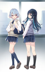 Rule 34 | 2girls, bag, black hair, black socks, blue bow, blue bowtie, blue eyes, blue hair, blue skirt, blue socks, blush, bow, bowtie, brown footwear, brown sweater vest, cellphone, checkered clothes, checkered skirt, closed mouth, collared shirt, commentary, crossed bangs, full body, grey sweater vest, hair between eyes, highres, holding, holding phone, indoors, iphone, kneehighs, loafers, long hair, long sleeves, looking at viewer, multicolored hair, multiple girls, nyoro (nyoronyoro000), open mouth, original, phone, pink eyes, pink hair, plaid, plaid skirt, pleated skirt, school uniform, shirt, shoes, short hair, shoulder bag, skirt, smartphone, smile, socks, streaked hair, sweater vest, teeth, upper teeth only, white shirt, window