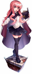 Rule 34 | 1girl, black cape, black footwear, black skirt, black thighhighs, blush, book, brick floor, cape, collared shirt, flipped hair, full body, grass, hair between eyes, hand up, highres, holding, holding book, holding wand, long hair, long sleeves, looking at viewer, louise francoise le blanc de la valliere, marutenmaruten, mary janes, miniskirt, open book, open mouth, pink eyes, pink hair, pleated skirt, shirt, shoes, sidelocks, simple background, skindentation, skirt, solo, standing, teeth, thighhighs, upper teeth only, v-shaped eyebrows, wand, white background, white shirt, zero no tsukaima, zettai ryouiki