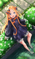 Rule 34 | 1girl, :d, abigail williams (fate), absurdres, barefoot, black bow, black dress, blonde hair, bloomers, blue eyes, blush, bow, bug, butterfly, commentary request, day, dress, fate/grand order, fate (series), flower, forehead, from above, full body, hair bow, highres, insect, long hair, long sleeves, looking at viewer, looking up, multiple hair bows, no headwear, open mouth, orange bow, outdoors, parted bangs, polka dot, polka dot bow, sitting, sleeves past fingers, sleeves past wrists, smile, soaking feet, solo, teeth, underwear, upper teeth only, very long hair, wang man, white bloomers, white flower