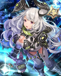 Rule 34 | 1girl, animal ears, bodysuit, breasts, rabbit ears, cleavage cutout, clothing cutout, guardians violation, large breasts, lens flare, long hair, looking at viewer, mecha musume, official art, open mouth, original, purple eyes, robot, silver hair, u369, very long hair
