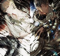 Rule 34 | 2boys, ahoge, belt, belt buckle, blonde hair, brown hair, buckle, cape, dark-skinned male, dark skin, earrings, egyptian clothes, fate/grand order, fate (series), gauntlets, gilgamesh (fate), highres, jewelry, looking at viewer, male focus, multiple boys, necklace, official alternate costume, ozymandias (fate), pants, red eyes, sakura hitsuji, shirt, short hair, signature, tooth necklace, twitter username, white cape, white shirt, yellow eyes