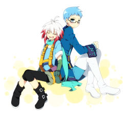 Rule 34 | 1boy, 1girl, ahoge, bad id, bad pixiv id, blue eyes, blue hair, blue shirt, boots, coat, closed eyes, frown, full body, glasses, gloves, hubert ozwell, open mouth, pants, pascal (tales), red hair, scarf, shirt, shoes, short hair, sidelocks, sitting, smile, soranagi, tales of (series), tales of graces, thighhighs, white hair