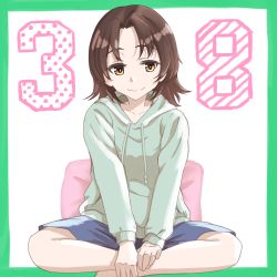 Rule 34 | 1girl, absurdres, blue shorts, border, brown eyes, brown hair, casual, closed mouth, commentary, drawstring, girls und panzer, green border, green hoodie, highres, hood, hood down, hoodie, indian style, looking at viewer, oritako, parted bangs, pillow, sawa azusa, short hair, shorts, sitting, smile, solo