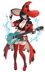 Rule 34 | 1girl, black choker, black gloves, boots, breasts, choker, cleavage, commission, electric guitar, fingerless gloves, full body, gloves, green-tinted eyewear, guilty gear, guilty gear strive, guitar, hat, highres, holding, holding guitar, holding instrument, holding plectrum, i-no, instrument, large breasts, looking at viewer, mole, mole above mouth, music, playing instrument, plectrum, purple z, red footwear, red hat, red leather, red lips, short hair, short sleeves, standing, thigh boots, tinted eyewear, venus symbol, witch hat