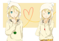 Rule 34 | 1boy, 1girl, aqua eyes, blonde hair, bonnet, brother and sister, hair ornament, hairclip, hidacafe, izumi yuu (mee), jewelry, kagamine len, kagamine rin, necklace, one eye closed, short hair, siblings, smile, twins, vocaloid, wink