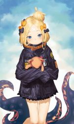 Rule 34 | 1girl, abigail williams (fate), abigail williams (traveling outfit) (fate), absurdres, alternate hairstyle, bandaid, bandaid on face, bandaid on forehead, belt, black bow, black jacket, blonde hair, blue eyes, blue sky, blush, bow, fate/grand order, fate (series), forehead, hair bow, hair bun, heroic spirit traveling outfit, high collar, highres, holding, holding stuffed toy, jacket, long hair, looking at viewer, official alternate costume, orange bow, parted bangs, pokapu, polka dot, polka dot bow, single hair bun, sky, sleeves past fingers, sleeves past wrists, solo, stuffed animal, stuffed toy, teddy bear, tentacles, thighs