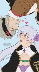 Rule 34 | 1boy, 1girl, asta (black clover), black clover, blush, closed eyes, couple, hair ribbon, headband, heart, highres, looking at viewer, noelle silva, open mouth, ribbon, twintails, upside-down