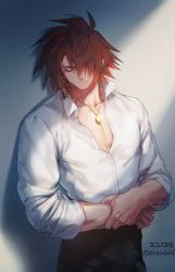 Rule 34 | 1boy, alternate costume, black pants, closed eyes, closed mouth, dated, hair between eyes, jewelry, kratos aurion, male focus, necklace, pants, pectoral cleavage, pectorals, red hair, shade, shin (sinsin12121), shirt, signature, simple background, solo, spiked hair, tales of (series), tales of symphonia, twitter username, white shirt