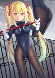 Rule 34 | 1girl, ass, black leotard, blonde hair, blush, breasts, brown pantyhose, chain, commentary request, dutch angle, elbow gloves, gloves, gradient hair, green hair, gurande (g-size), hair between eyes, hair ribbon, half-closed eyes, highres, holding, leotard, long hair, medium breasts, multicolored hair, multiple views, original, pantyhose, parted lips, red eyes, red ribbon, ribbon, sidelocks, smile, standing, thighband pantyhose, twintails, very long hair, whip, white gloves