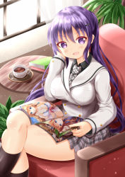 Rule 34 | 1girl, :d, armchair, black shirt, black socks, blazer, blush, book, breasts, chair, coffee, collared shirt, commentary request, crossed legs, cup, gochuumon wa usagi desu ka?, grey skirt, hair between eyes, hair ornament, hairclip, head tilt, highres, indoors, jacket, kneehighs, large breasts, long hair, looking at viewer, magazine (object), necktie, on chair, open mouth, pecorine (princess connect!), plaid, plaid necktie, plaid neckwear, plaid skirt, pleated skirt, princess connect!, purple eyes, purple hair, saucer, school uniform, shirt, sitting, skirt, smile, socks, solo, teacup, tedeza rize, tedeza rize&#039;s school uniform, twintails, very long hair, white jacket, window, xenon (for achieve)