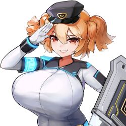 1girl armband bracelet breasts cerberus_(last_origin) female_focus game_cg gloves glowing_bracelet glowing_clothes grin hair_between_eyes hat holding holding_shield huge_breasts jewelry last_origin looking_at_viewer mole mole_under_eye official_art orange_hair parted_lips peaked_cap police police_hat police_uniform red_eyes salute shield short_twintails sima_(startwitch) smile teeth tight_clothes transparent_background twintails two_side_up upper_body