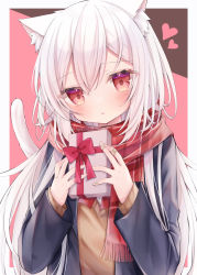 Rule 34 | 1girl, :o, animal ears, black jacket, blazer, blush, box, brown sweater, cat ears, cat girl, cat tail, commentary request, enpera, fringe trim, gift, gift box, hair between eyes, hands up, heart, highres, holding, holding gift, jacket, long hair, long sleeves, looking at viewer, open clothes, open jacket, original, parted lips, plaid, plaid scarf, red eyes, red scarf, ringouulu, scarf, school uniform, shirt, sleeves past wrists, solo, sweater, tail, tail raised, twitter username, upper body, valentine, very long hair, white hair, white shirt