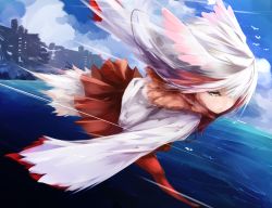 Rule 34 | 10s, 1girl, bird tail, blue sky, coat, day, expressionless, flying, full body, fur collar, hair over one eye, half-closed eyes, head wings, highres, japanese crested ibis (kemono friends), kemono friends, long sleeves, ocean, pantyhose, red pantyhose, sky, solo, tail, tesuta0612, white hair, wide sleeves, wings, yellow eyes