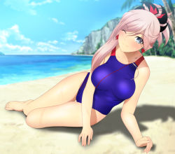 Rule 34 | 1girl, bare arms, bare legs, bare shoulders, barefoot, beach, blue eyes, blush, breasts, closed mouth, cloud, day, earrings, fate/grand order, fate (series), feet, groin, hair ornament, hair up, jewelry, large breasts, legs, long hair, looking at viewer, lying, miyamoto musashi (fate), ocean, on side, one eye closed, outdoors, pink hair, sand, shadow, shiny clothes, shiny skin, sky, smile, solo, swimsuit, thighs, toes, water, wink, yadokari genpachirou