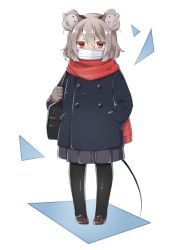 Rule 34 | 1girl, akagashi hagane, alternate costume, animal ears, bag, black pantyhose, blush, buttons, coat, double-breasted, full body, grey hair, handbag, long sleeves, looking at viewer, mask, mouse (animal), mouse ears, mouse tail, mouth mask, nazrin, pantyhose, red eyes, red scarf, scarf, short hair, simple background, skirt, solo, surgical mask, tail, touhou, white background, winter clothes