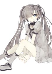 Rule 34 | 1girl, arm support, blue eyes, collar, cross, cross earrings, dress, ear piercing, earrings, female focus, grey hair, hair over one eye, highres, jewelry, lace, long hair, looking at viewer, nail polish, original, piercing, puffy sleeves, riuichi, simple background, sitting, smile, socks, solo, twintails, white background