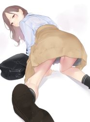 Rule 34 | 1girl, all fours, ama mitsuki, ass, bag, beige cardigan, black footwear, blush, brown eyes, cardigan, cardigan around waist, clothes around waist, collared shirt, commentary request, embarrassed, from behind, light brown hair, long hair, long sleeves, looking back, original, school bag, school uniform, shirt, shoes, simple background, socks, solo, tareme, thighs, white background, white shirt