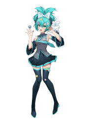 Rule 34 | 1girl, absurdres, aqua eyes, aqua hair, arms up, black thighhighs, blush, bow, breasts, cinnamiku, cinnamoroll, ear bow, eyebrows hidden by hair, hair between eyes, hair ribbon, hatsune miku, highres, long hair, looking at viewer, medium breasts, open mouth, ribbon, sanrio, simple background, skirt, small breasts, smile, solo, standing, tangdouji (machine), thighhighs, vocaloid, white background