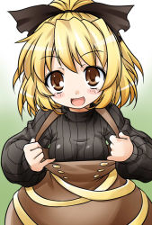 Rule 34 | 1girl, akou roushi, alternate costume, blonde hair, blush, bow, breasts, brown eyes, female focus, hair bow, kurodani yamame, looking at viewer, open mouth, ponytail, ribbed sweater, short hair, smile, solo, sweater, touhou