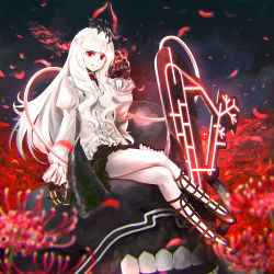 Rule 34 | 10s, 1girl, abyssal ship, black footwear, black skirt, blunt bangs, blurry, boots, colored skin, crossed legs, depth of field, dress, flight deck, flower, frilled sleeves, frills, gauntlets, hair ornament, highres, horns, kantai collection, kouji (astral reverie), lolita fashion, long hair, long sleeves, looking at viewer, lycoris princess, machinery, miniskirt, night, night sky, pale skin, puffy long sleeves, puffy sleeves, red eyes, shoes, skirt, sky, smile, solo, spider lily, white dress, white hair, white skin