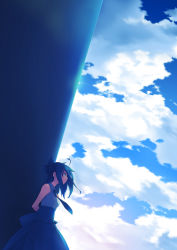 Rule 34 | 1girl, arms behind back, blue theme, cloud, day, dress, expressionless, green hair, looking away, nanakusa, necktie, sky, solo, wind