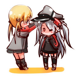 Rule 34 | 2girls, adjusting clothes, adjusting headwear, anchor hair ornament, azur lane, blonde hair, blue eyes, borrowed clothes, chibi, commentary request, crossover, garter straps, hair ornament, hat, historical name connection, kantai collection, long hair, multiple girls, name connection, peaked cap, pleated skirt, prinz eugen (azur lane), prinz eugen (kancolle), red eyes, silver hair, simple background, skirt, twintails, two side up, white background, yagami kamiya