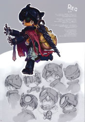 Rule 34 | 1boy, animal ears, backpack, bag, belt, blush, boots, cape, character sheet, closed umbrella, collar, facial mark, fake horns, from behind, from side, unworn headwear, helmet, highres, horned headwear, horned helmet, horns, made in abyss, male focus, mechanical arms, metal collar, navel, pointy ears, rabbit ears, red cape, regu (made in abyss), mechanical legs, topless male, single mechanical arm, source request, translation request, tsukushi akihito, umbrella, yellow eyes