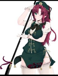 Rule 34 | 1girl, braid, chinese clothes, female focus, frills, gloves, green eyes, hair ribbon, hat, highres, hong meiling, kinou no shika, kinounosika, letterboxed, one eye closed, pointy ears, polearm, red hair, ribbon, shirt, side slit, skirt, skirt set, smile, solo, spear, staff, star (symbol), thighhighs, thighs, touhou, twin braids, weapon, white gloves, white thighhighs, wink, zettai ryouiki