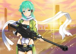 Rule 34 | 1girl, anti-materiel rifle, aqua eyes, aqua hair, black gloves, black shorts, bolt action, breasts, cleavage, commentary request, fingerless gloves, gloves, gun, hair between eyes, hair ornament, hairclip, highres, holding, looking at viewer, medium breasts, pgm hecate ii, rifle, scarf, short hair, short shorts, shorts, sidelocks, sinon, sniper rifle, solo, sword art online, uonuma yuu, weapon