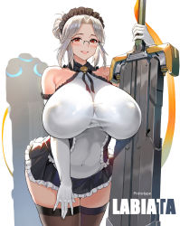 Rule 34 | 1girl, bare shoulders, blush, breasts, character name, commentary, covered erect nipples, covered navel, curvy, dress, elbow gloves, glasses, gloves, hair bun, highres, holding, holding sword, holding weapon, huge breasts, impossible clothes, labiata (last origin), last origin, looking at viewer, maid headdress, parted bangs, parted lips, plump, prototype labiata, red eyes, rimless eyewear, short dress, sidelocks, silver hair, single hair bun, smile, solo, sword, taesi, taut clothes, thick thighs, thighs, weapon, white gloves
