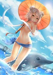 Rule 34 | 1girl, chongqing (warship girls r), dolphin, double bun, dutch angle, finger to mouth, hair bun, hair censor, highres, long hair, looking at viewer, oil-paper umbrella, partially submerged, sarong, silver hair, soaking feet, solo, standing, standing on liquid, topless, umbrella, very long hair, wading, warship girls r, water, water drop, xian (pixiv11964491), yellow eyes