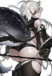 Rule 34 | 1girl, arknights, ass, bare shoulders, black panties, black thighhighs, commentary, cowboy shot, crocodilian tail, from behind, hair between eyes, highres, large tail, long hair, long sleeves, looking at viewer, looking back, nima (niru54), panties, silver hair, simple background, solo, standing, tail, thick thighs, thighhighs, thighs, tomimi (arknights), underwear, white background, yellow eyes