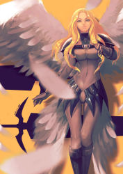 Rule 34 | 1girl, angel wings, armor, armored boots, artist request, black footwear, blonde hair, blurry, bodysuit, boots, breasts, buckle, claymore (series), claymore (sword), covered navel, dated, depth of field, faulds, feathers, gloves, grey eyes, grey footwear, highres, knee boots, leotard, light smile, long hair, armored boots, multiple wings, orange background, outstretched arm, pauldrons, pteruges, shadow, shoulder armor, silhouette, smile, solo, standing, sword, teresa, turtleneck, wavy hair, weapon, wings