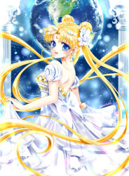 Rule 34 | 1girl, :d, bishoujo senshi sailor moon, blonde hair, blue eyes, crescent, crescent facial mark, dress, earrings, earth (planet), facial mark, floating hair, from behind, jewelry, long hair, looking at viewer, looking back, lowres, open mouth, planet, princess serenity, sailor moon, shirataki kaiseki, signature, skirt hold, sleeveless, sleeveless dress, smile, solo, standing, twintails, very long hair, white dress