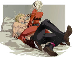 Rule 34 | 2boys, abs, ash crimson, bad id, bad pixiv id, bed, blonde hair, boots, cropped jacket, hairband, heart, highres, hyakkimaru, hyakkimaru (100mani), jewelry, male focus, multiple boys, muscular, necklace, nipples, pants, pillow, red pants, shen woo, topless male, snk, straddling, the king of fighters, trap, yaoi, yellow eyes