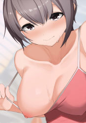 Rule 34 | 1girl, alternate breast size, apple (ygbhjdbiulsg), bare shoulders, blush, breasts, brown eyes, brown hair, camisole, cleavage, closed mouth, collarbone, commentary request, highres, idolmaster, idolmaster cinderella girls, large breasts, looking at viewer, nipples, nose blush, otokura yuuki, pulling own clothes, short hair, smile, solo, strap pull, sweat, upper body