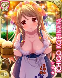 Rule 34 | 1girl, :o, apron, bare legs, beer mug, blonde hair, blue dress, bow, braid, breasts, card, character name, cleavage, close-up, cup, dress, flower, flower on head, girlfriend (kari), hair ornament, hairclip, indoors, kohinata ichigo, large breasts, long hair, mug, night, official art, open mouth, qp:flapper, red eyes, tagme, white apron