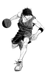 Rule 34 | 1boy, absurdres, ball, basketball, basketball (object), basketball jersey, basketball uniform, black hair, black wristband, chibunyam, commentary request, full body, greyscale, highres, holding, holding ball, korean commentary, male focus, monochrome, shoes, short hair, slam dunk (series), sneakers, solo, sportswear, twitter username