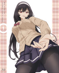 Rule 34 | 1girl, black hair, black pantyhose, blu-ray cover, blue skirt, bow, bowtie, cardigan, copyright name, cover, fingernails, from below, hairband, hand on own chest, highres, inu ni nattara suki na hito ni hirowareta, inukai karen, long hair, looking at viewer, miniskirt, official art, pantyhose, parted lips, pleated skirt, reaching, reaching towards viewer, red bow, red bowtie, red eyes, school uniform, simple background, skirt, smile, solo