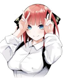 Rule 34 | &gt;:), 1girl, absurdres, black ribbon, blue eyes, blunt bangs, blush, breasts, butterfly hair ornament, closed mouth, commentary request, double v, dress shirt, eyebrows hidden by hair, eyelashes, go-toubun no hanayome, hair ornament, hair ribbon, hands up, highres, large breasts, long sleeves, looking at viewer, mame1645, medium hair, nail polish, nakano nino, pink nails, red hair, ribbon, shirt, smile, solo, straight hair, two side up, upper body, v, v-shaped eyebrows, v over head, white shirt