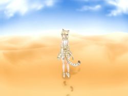 Rule 34 | 10s, 1girl, animal ears, blonde hair, brown hair, cat ears, cat tail, elbow gloves, footprints, gloves, highres, kemono friends, looking at viewer, losmal indicus, multicolored hair, sand, sand cat (kemono friends), short hair, sleeveless, solo, tail, white gloves, white hair, yellow eyes