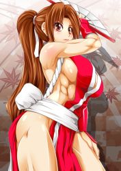 Rule 34 | 1girl, alop-net, bad id, bad pixiv id, bare shoulders, breasts, brown eyes, brown hair, hand fan, fatal fury, folding fan, gloves, highres, japanese clothes, large breasts, long hair, muscular, muscular female, pelvic curtain, ponytail, revealing clothes, shiranui mai, sideboob, snk, solo, the king of fighters